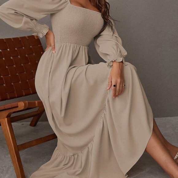 . Dresses & Skirts - Khaki Boho Womens Square Neck Shirred Ruffle Hem Dress
